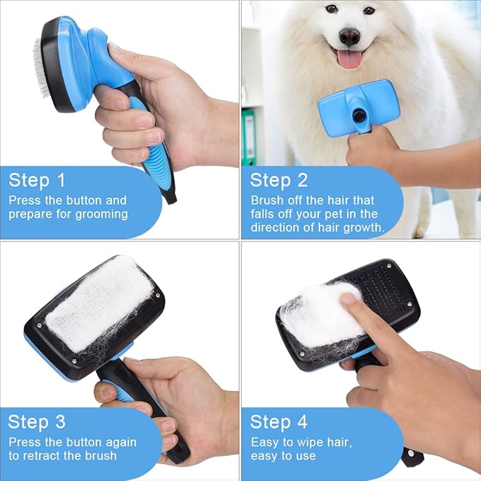 Slicker Brush - Self Cleaning Hair Brush for Dogs, Cats & Bunny - Grooming & Shedding Tool for All Pets - Non Slip Rubber Handle & Soft Bristles - Unisex, Blue
