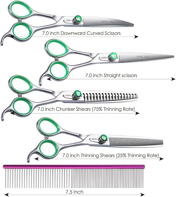 Professional Dog Grooming Scissors Kit Japan 440C Stainless Steel 7.0 in Curved Thinning Straight Chunker Shears and Comb 5pcs Set for Grooming Dogs Cat Pet