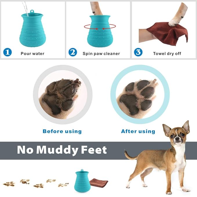 Idepet Dog Paw Cleaner Cup with Towel Pet Foot Washer Protable Dog Cleaning Brush for Puppy Cats Massage Grooming Dirty Claws(Blue)