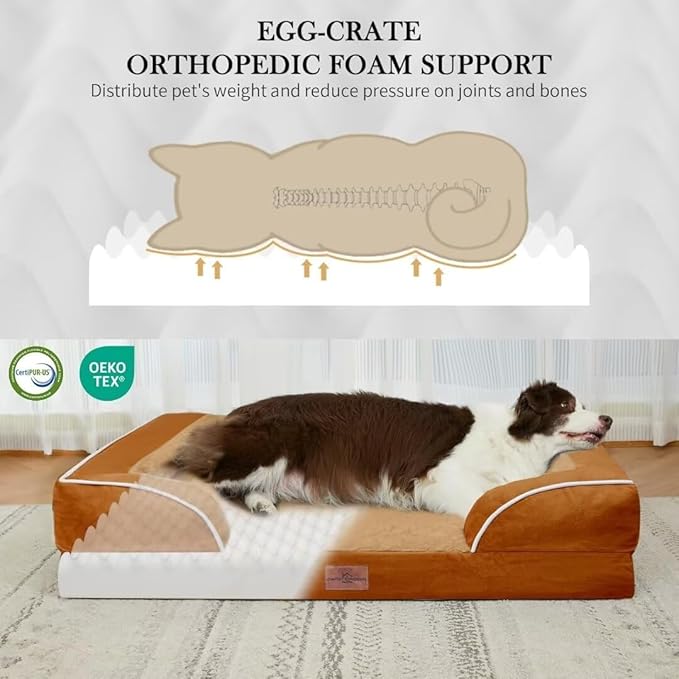 Orthopedic Dog Bed for Extra Large Dogs, PV Washable Dog Sofa Bed Jumbo, Waterproof Dog Bed with Removable Cover & Non-Slip Bottom(Jumbo,Caramel)