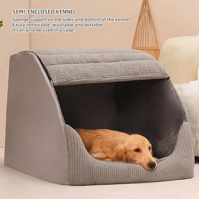 Extra Large Dog Bed House, 30D Memory Sponge, Cozy Dog House Indoor, Plush Dog Cave Bed Crate Cushion with Non-Slip Bottom for Medium Large Dogs (Grey, M)