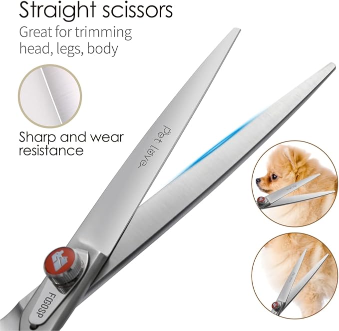 Professional Dog Grooming Scissors Kit Japan 440C Stainless Steel 7 in Curved Thinning Straight Chunker Shears and Comb 5pcs Set for Grooming Dogs Cat Pet