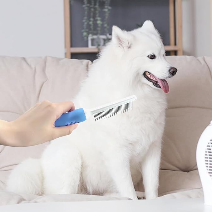 Detangling Pet Comb for Dog & Cat, Grooming Comb with Long & Short Stainless Steel Teeth, Safely Remove Knots & Tangles for Healthy Shiny Coat, Gentle Effective Detangling Tool for Pet Hair (Blue)