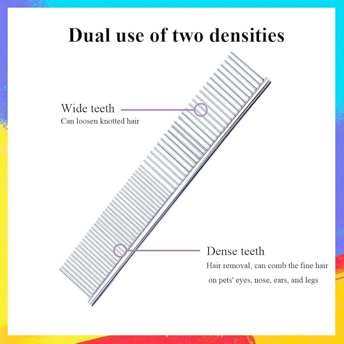 Metal Dog Combs for Grooming Small Dogs, Cats and Pets, Dematting, Detangling, Removing Shedding Hair & Knots, Pet Grooming Tool, Stainless Steel, 7.4-Inch