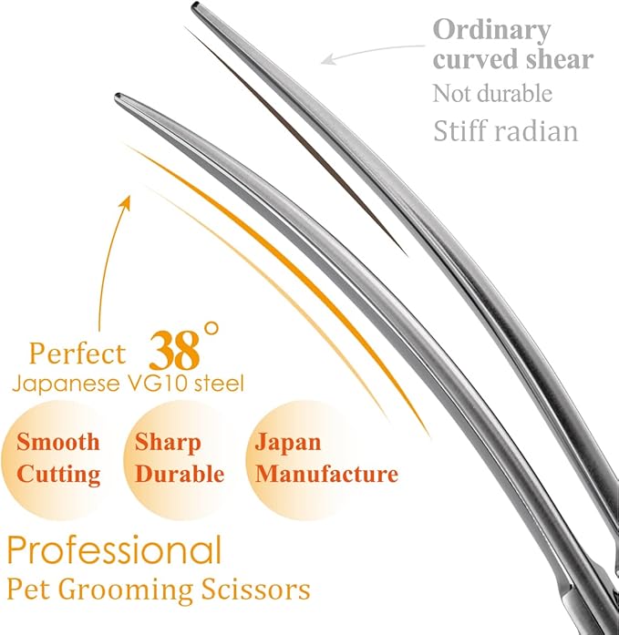 38 Degree Professional Curved Scissors for Dog Grooming 7.5” Japan VG10 Alloy Steel Downward Curved Grooming Shears for Face Right Handed(7.5 inch)
