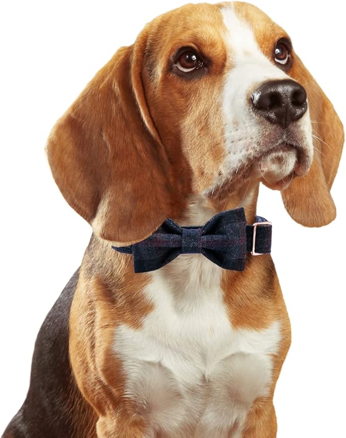 MACA Bates Dog Dark Blue Woolen Collar with Nylon- Warm and Soft Bows Dog Collar for Large Medium Small Dogs, Adjustable Dog Collar with Metal Buckle for Boy and Girl in Winter, XS Puppy Collar