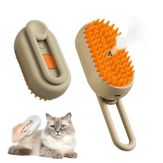 Steam Brush for Cats & Pets - 3 In 1 Steamer for Grooming, Deshedding, and Taming Animal Fur (Brown)