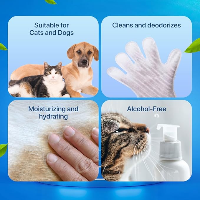 Extra Thick Pet Grooming Glove Wipes for Dogs & Cats, Cleaning & Odor-Controlling Grooming Gloves, Nourish Fur Glove Wipes for Daily Care and Traveling, Rinse Free, 6PCS per Pack