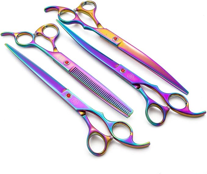 Moontay Professional 8.0" Dog Grooming Scissors Set, 4-pieces Straight, Upward Curved, Downward Curved, Thinning/Blending Shears for Dog, Cat and Pets, JP Stainless Steel, Multicolour