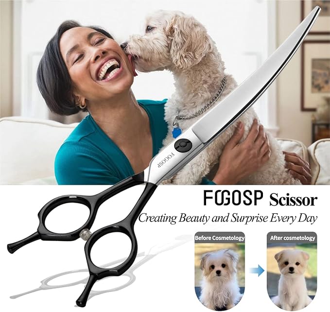 Curved Dog Grooming Scissors Professional 7" Grooming Shears for Dogs Pet Right Handed Groomer Japan 440C Stainless Steel (7 in Curved, Black)