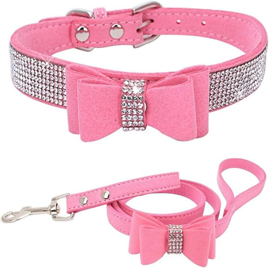 Rhinestone Bowtie Small Dog Collar and Leash Set, Diamond Puppy Collars Bow Crystal Bling Jeweled Glitter Girl Female Adjustable for XXSmall X-Small Small Medium Large Dogs (Pink-1,XXSmall)