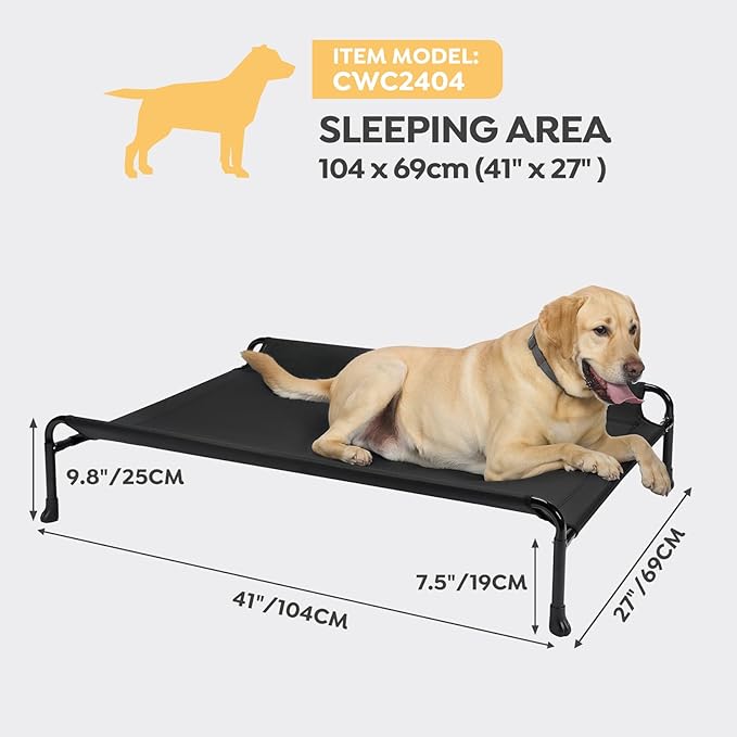 Veehoo Cooling Elevated Dog Bed, Raised Dog Beds for Large Dogs, Outdoor Dog Bed with Guardrail, Upgraded Non-Slip Feet, Breathable Teslin Mesh, Portable Camping Dog Cot, 41 x 27 Inches, Black