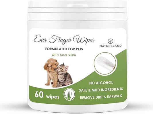 Natureland [60 pcs Finger Wipes] Dog & Cat Ear Finger Wipes - Otic Cleaning Wipes for Infections and Controlling Ear Infections and Ear Odor in Pets (60)