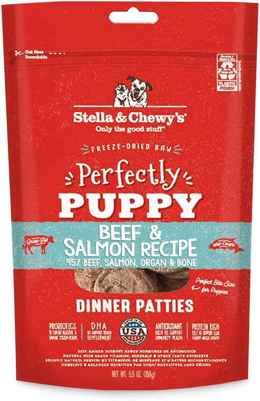 Stella & Chewy's Freeze Dried Raw Dinner Patties – Crafted for Puppies – Grain Free, Protein Rich Perfectly Puppy Beef & Salmon Recipe – 5.5 oz Bag, Pack of 1