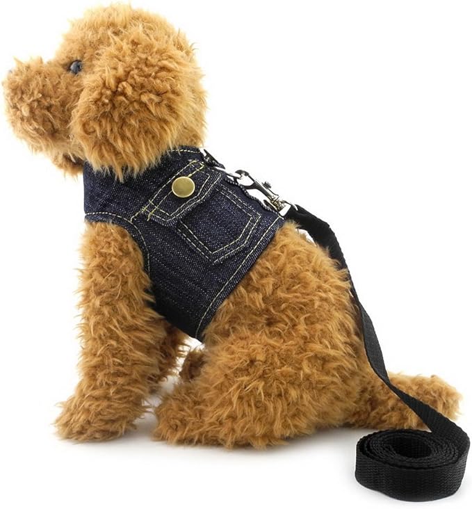 SMALLLEE_LUCKY_STORE Small Dog Cat Denim Vest Jacket Harness,Soft Mesh Padded Puppy Harness Leash Set,Easy on and Off,Dark Blue L