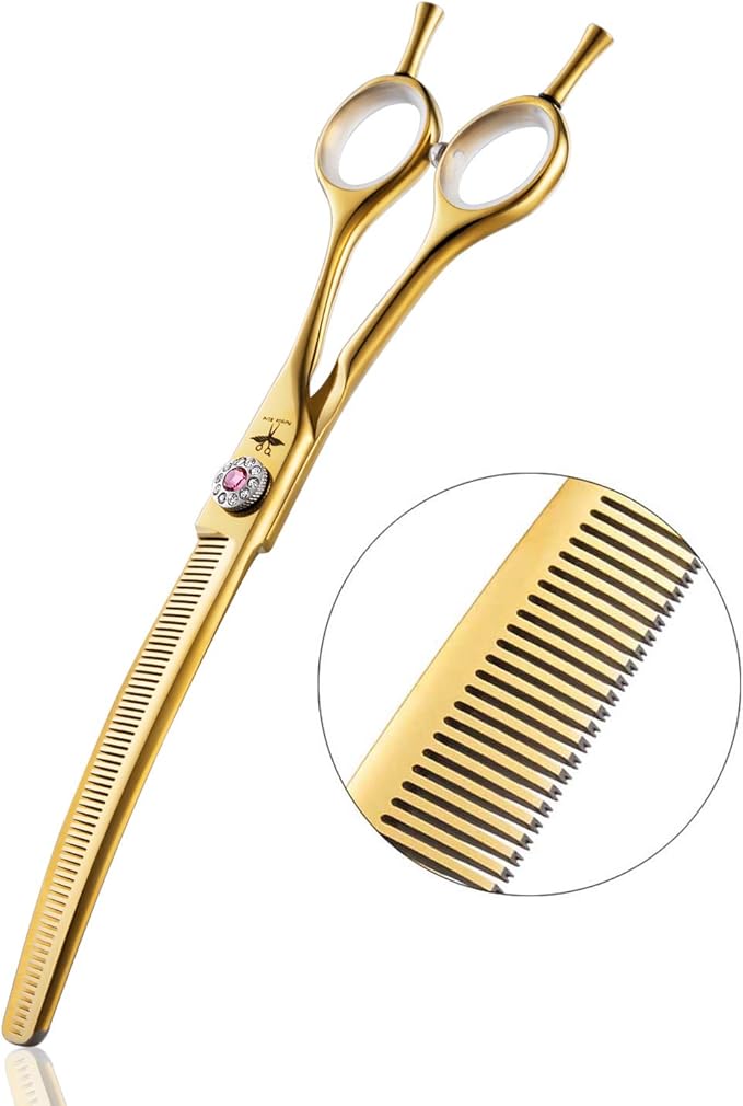PURPLEBIRD 7 Inch Downward Curved Dog Grooming Scissors Thinning Texturizing Shears Professional Safety Blunt Tip Trimming Shearing for Dogs Cats Face Paws Limbs Japanese Stainless Steel Yellow