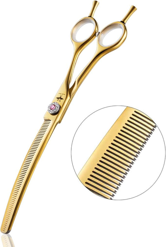 PURPLEBIRD 7 Inch Downward Curved Dog Grooming Scissors Thinning Texturizing Shears Professional Safety Blunt Tip Trimming Shearing for Dogs Cats Face Paws Limbs Japanese Stainless Steel Yellow