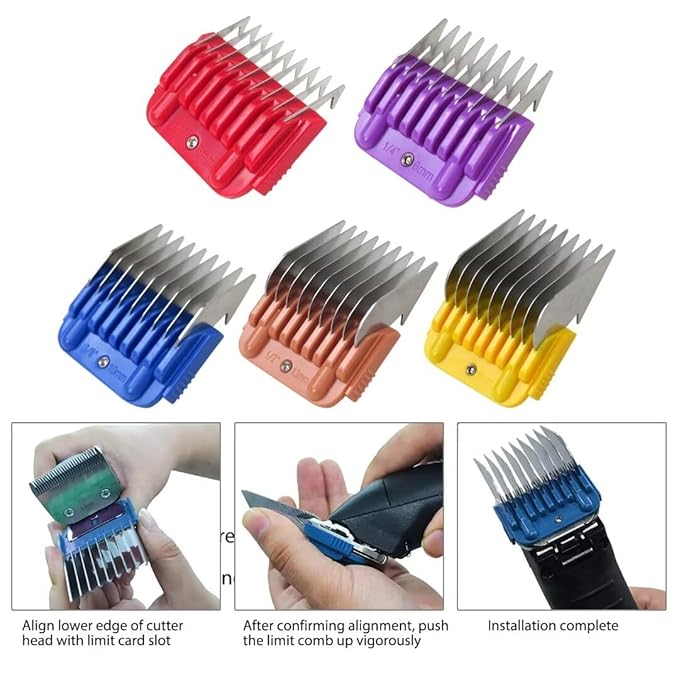 New Professional Animal Stainless Steel 5 Color Guide Comb Set for 10#/15#/30# Detachable Blade,Compatible for Andis/Oster A5/ Wahl KM Series Guards Clipper(Cutting Length 3mm-16mm)