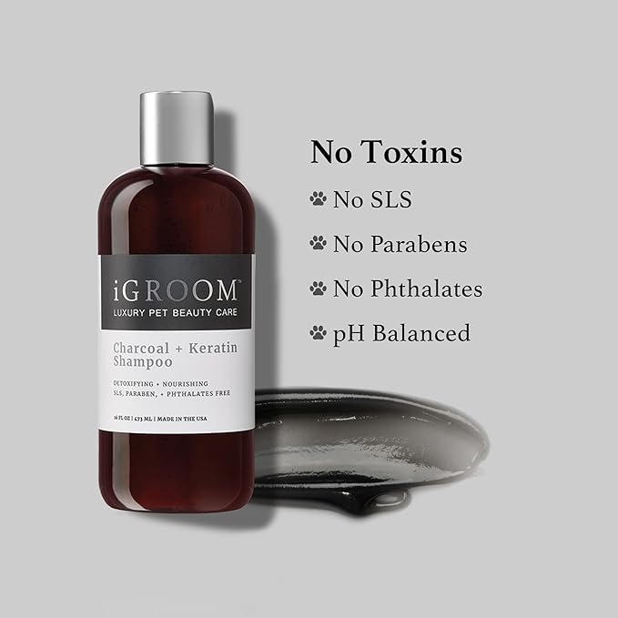 iGroom Charcoal Keratin Dog Shampoo, Luxury Pet Beauty Care, Protect Coat and Skin, Detoxifies with Charcoal, Made in USA, 16 oz