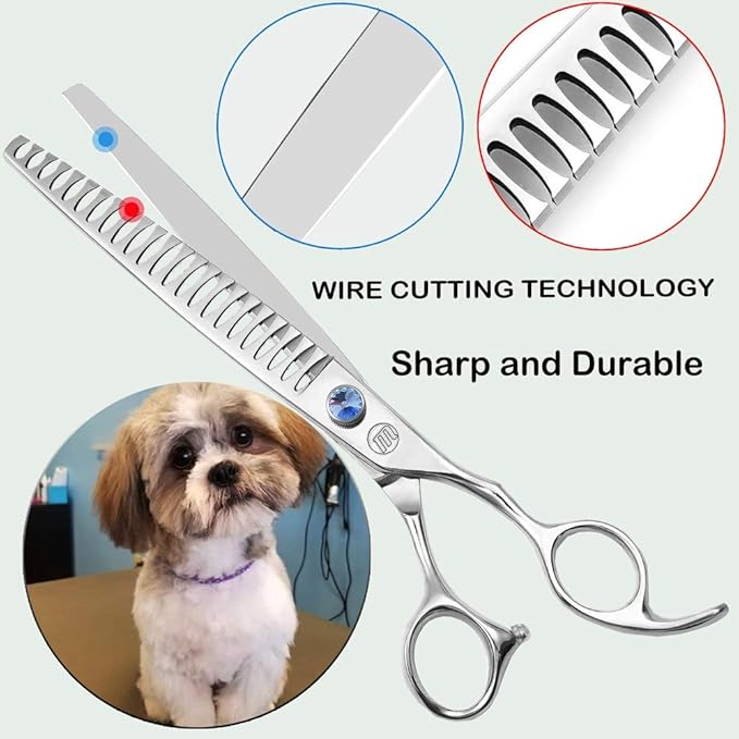 Professional Dog Grooming Curved Straight Thinning/Blending/Chunking Scissors Kit JP-440C Stainless Steel Pet Cat Hair Cutting/Trimming Shears Silver (8" (23-Tooth))
