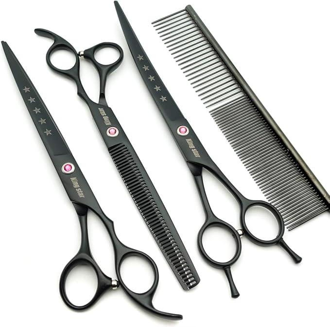Kingstar 8.0in. Matt Black Professional Pet Grooming Scissors Set,Straight & Thinning & Curved Scissors Set with Comb,Dog Grooming,A559