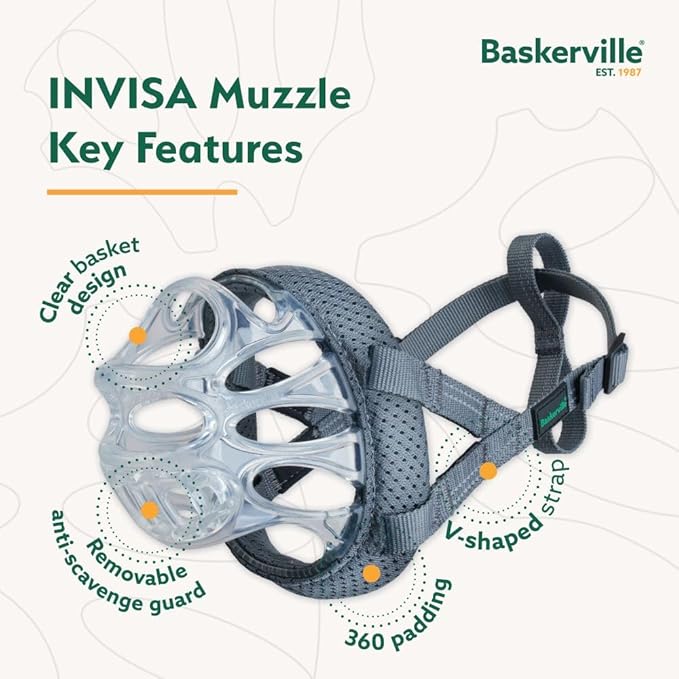 Baskerville INVISA Basket Dog Muzzle - Patented Humane Design with Facial Visibility, Padded Nose Band, Dog can Pant and Drink, Prevents Biting and Scavenging. Muzzle for Small Dogs (Size 1)