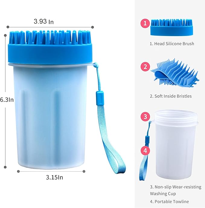 Portable Medium Dogs Muddy Paws Cleaner Feet Washer Cup with Grooming Brush Silicone Blue