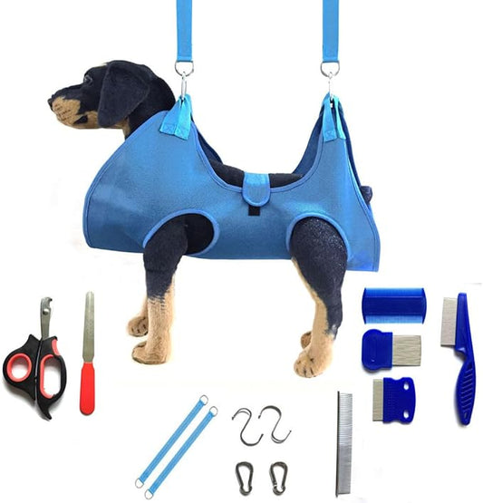 Dog Grooming Hammock with Flea Comb and Dog Nail Clipper, Pet Dog Grooming Hammock Harness with Cat Nail Clipper, Nail File and Dog Brush, Dog Sling for Nail Clipping/Nail Trimming (M, Blue)