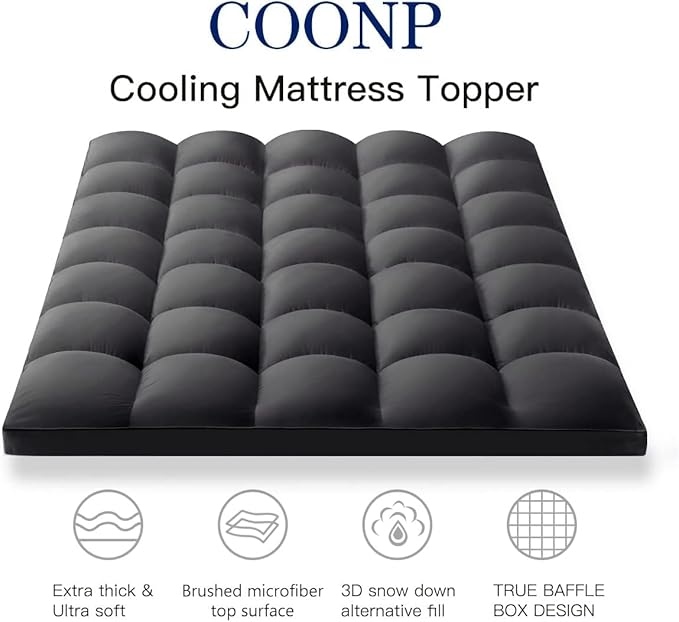 COONP Twin Mattress Topper, Extra Thick Pillowtop, Cooling Plush Mattress Pad Cover Bed Topper Protector with 8-21 Inch Deep Pocket (Black, Twin)