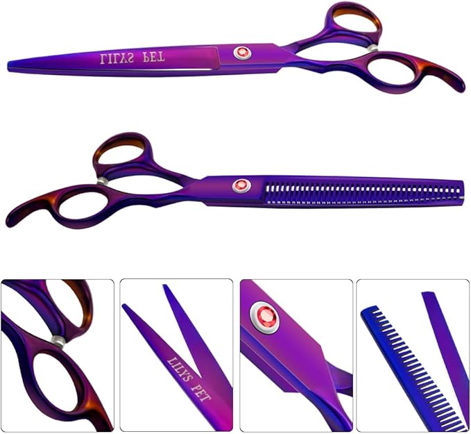 LILYS PET Professional PET DOG Grooming Coated Titanium scissors suit Cutting&Curved&Thinning shears (8.0 inches, Purple)…