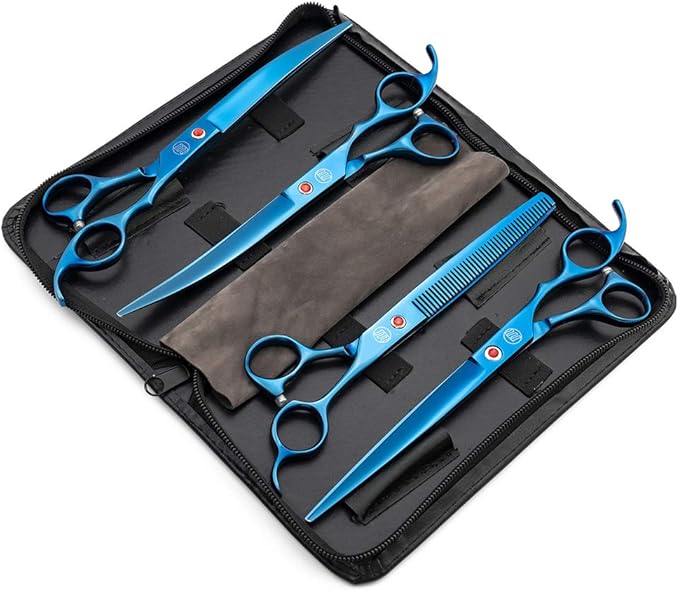 Moontay Professional 8.0" Dog Grooming Scissors Set, 4-pieces Straight, Upward Curved, Downward Curved, Thinning/Blending Shears for Dog, Cat and Pets, JP Stainless Steel, Blue