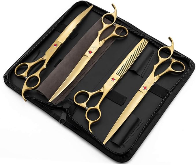 Moontay Professional 8.0" Dog Grooming Scissors Set, 4-pieces Straight, Upward Curved, Downward Curved, Thinning/Blending Shears for Dog, Cat and Pets, JP Stainless Steel, Gold