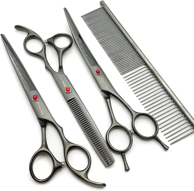 Kingstar 7.0in Professional Pet Grooming Scissors Set,Straight & Thinning & Curved Scissors 3pcs Set with Comb for Dog Grooming,A419 (Black-Grey)