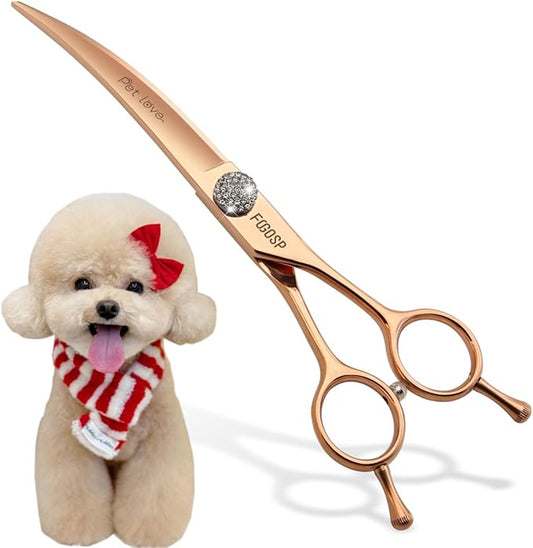 Rose Gold Titanium Curved Dog Grooming Scissors Reverse 7.5'' Downward 30° with Jewelled Screw Japan 440C Professional Pet Grooming Trimming Shears for Dogs Suzhi Teddy(7.5,Curved)