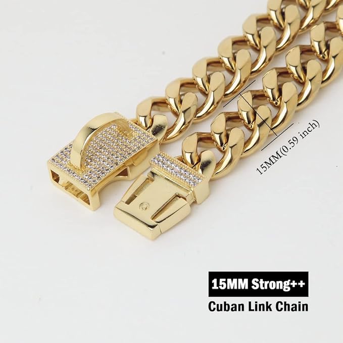 New Gold Chain Dog Collar with Bling Cubic Zirconia Secure Clasp,15MM Strong Stainless Steel Cuban Link Chain Collars,Luxury Necklace Walking Collar for Small Medium Dogs