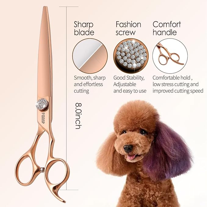 Rose Gold Titanium Professional 8'' Straight Dog Grooming Scissors Long Large Grooming Shears for Dogs Pet Japan 440C Right Handed Dog Hair Cutting Scissors for Poodle(8,Straight)