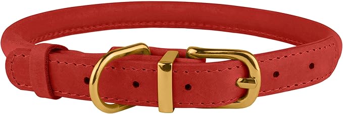 BRONZEDOG Rolled Leather Dog Collar with QR ID Tag Adjustable Soft Round Collars for Small Medium Large Dogs Puppy Cat (14" - 16" Neck Size, Classic Red)