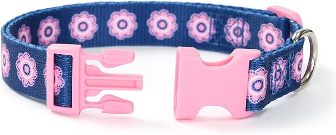 Mile High Life Dog Collar | Cute Puppy Collars | Lightweight Girl Dog Collar | Soft Boy Dog Collars | w Geometric Plaid Wave Line Pattern (Pink Flower, Large)