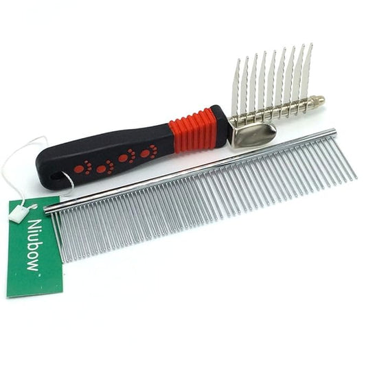 Pet Grooming Tools: Stainless Steel Grooming Comb + Dematting Comb, Great Pet Dog Cat Fur Grooming Tool for Mats & Tangles Shedding (Dematting Comb + Grooming Comb)