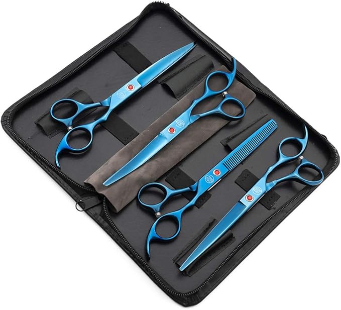 Moontay Professional 7.0" Dog Grooming Scissors Set, 4-pieces Straight, Upward Curved, Downward Curved, Thinning/Blending Shears for Dog, Cat and Pets, JP Stainless Steel, Blue