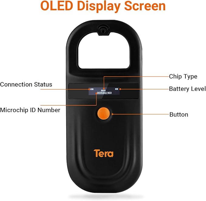 Tera Pet Microchip Reader with D-Ring RFID Portable Animal Chip ID Scanner with OLED Display Screen Rechargeable Data Storage Tag Scanner EMID FDX-B(ISO11784/85) for Dogs, Cats & Animal Management