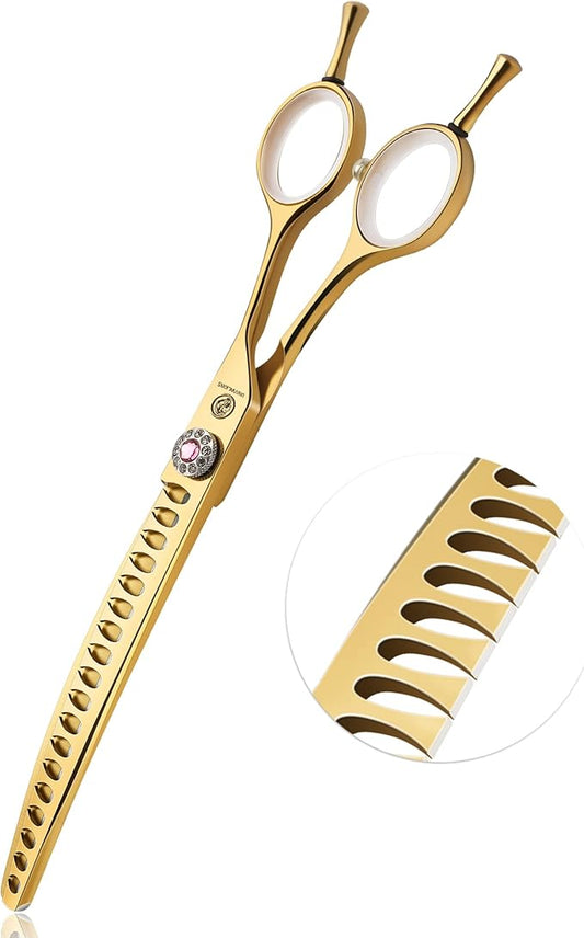 7" Downward Curved Dog Grooming Scissors for Grooming Face and Paws Safety Dog Chunker Trimming Cutting Shears for Dog Cat Pet Grooming Gold