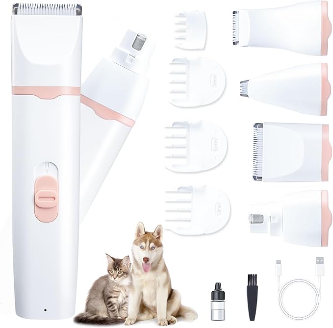 KIKETECH Quiet Dog Grooming Clippers - 4 in 1 Professional Dog Hair Clippers for Small Cats Dogs Pets, Rechargeable Cordless Pet Trimmer for Grooming, PinkRose