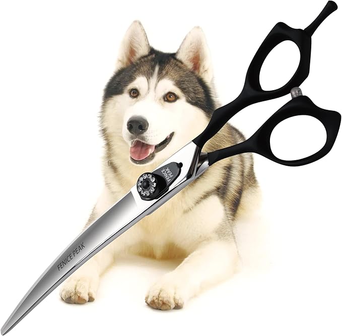 Fenice Peak 7.5'' Professional Curved Dog Grooming Scissors Heavy and Anti-Slip Black Handler 440C Stainless Steel Pet Cutting Shears Safety Trimming Shearing for Dogs Cats