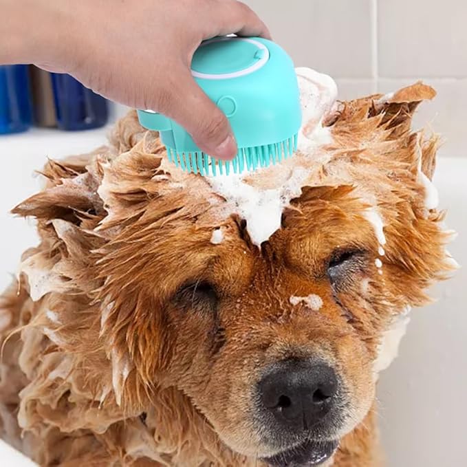 iayokocc 2Pcs Dog Cat Bath Brush Soft Silicone Dog/Puppy Massage Brush Hair Fur Grooming Cleaning Brush with Shampoo Dispenser,for Long Short Haired Pets,with 2Pcs Pet Flea Comb.