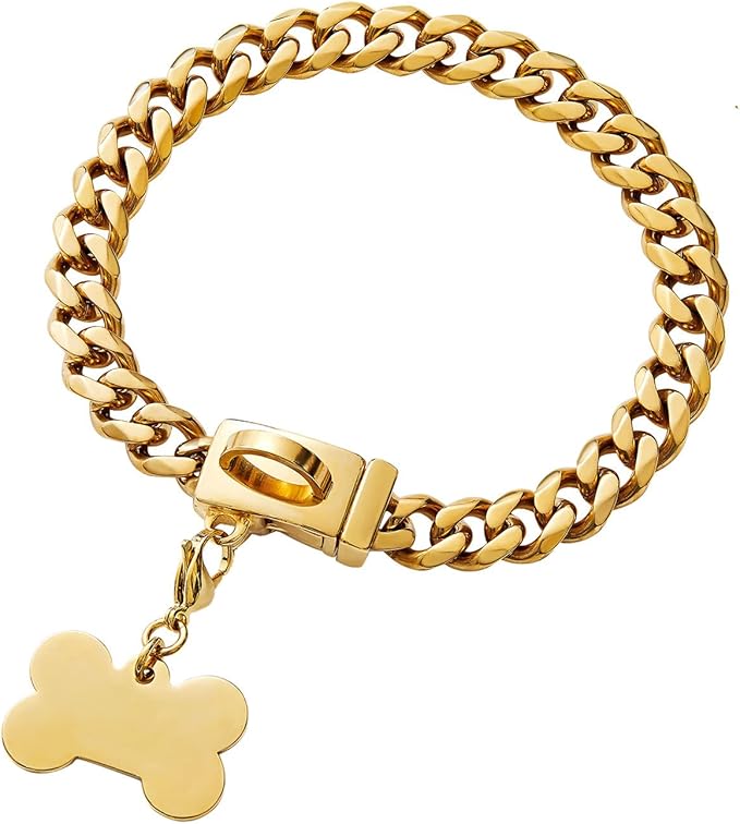Gold Dog Chain Collar,18K Gold Plated Stainless Steel Cuban Link Chain Necklace Collar for Large Dogs(Length - 24'')