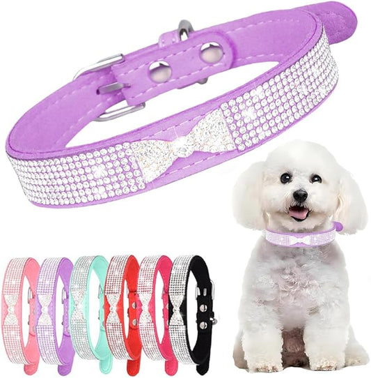 Purple Bling Dog Collars for Small Dogs, Rhinestone Puppy Collar with Jeweled Crystal Sparkling Glitter Girl's Cat Collar Adjustable for XXS XS Small Medium Dogs, S