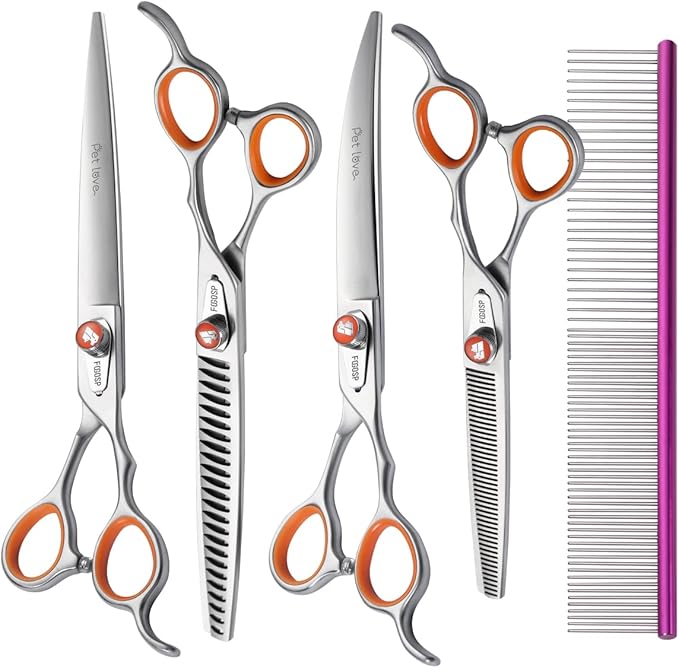 Professional Dog Grooming Scissors Kit 8 in Curved Thinning Straight Chunker Shears and Comb 5pcs Set for Grooming Big Dogs Poodle Pet Japan 440C Stainless Steel
