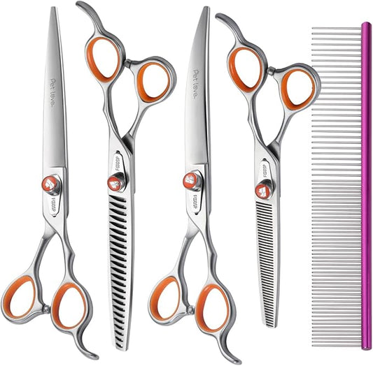 Professional Dog Grooming Scissors Kit 8 in Curved Thinning Straight Chunker Shears and Comb 5pcs Set for Grooming Big Dogs Poodle Pet Japan 440C Stainless Steel