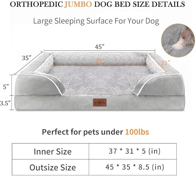 Jumbo Dog Bed for Extra Large Dogs, Waterproof Orthopedic Jumbo Breed Dog Bed, PV Washable Dog Sofa Bed with Removable Cover & Non-Slip Bottom(Jumbo,Grey White)